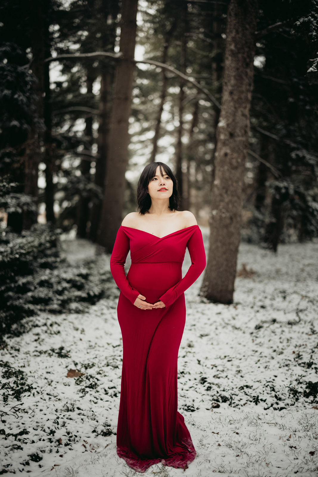 red dress maternity pregnant forest winter south coast beauty makeup hair afterglow images